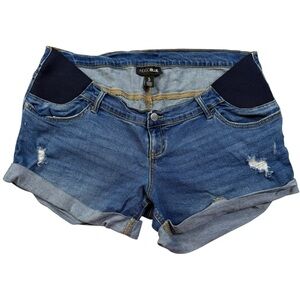 Indigo Blue Maternity Distressed Denim Rolled Cuff Shorts Size XL Elastic Sides